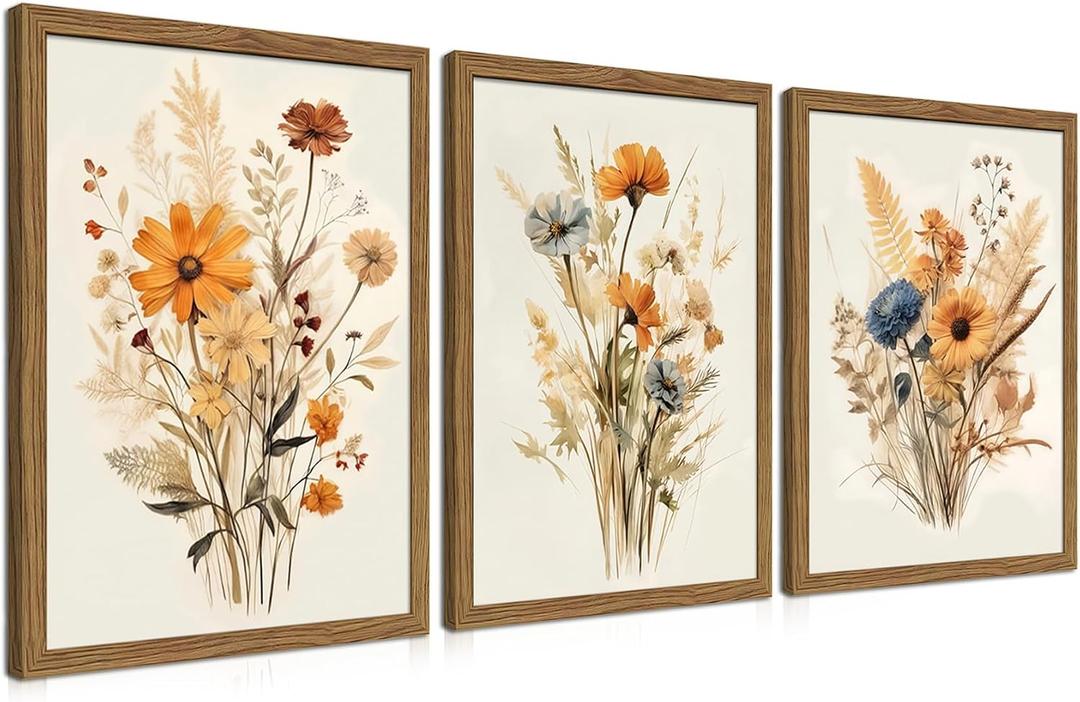 Vintage Wildflower Framed Canvas Wall Art Set of 3 Rustic Botanical Floral Pictures Prints for Living Room Bedroom Bathroom, Retro Boho Wall Decor for Home Aesthetic 16x24 inch