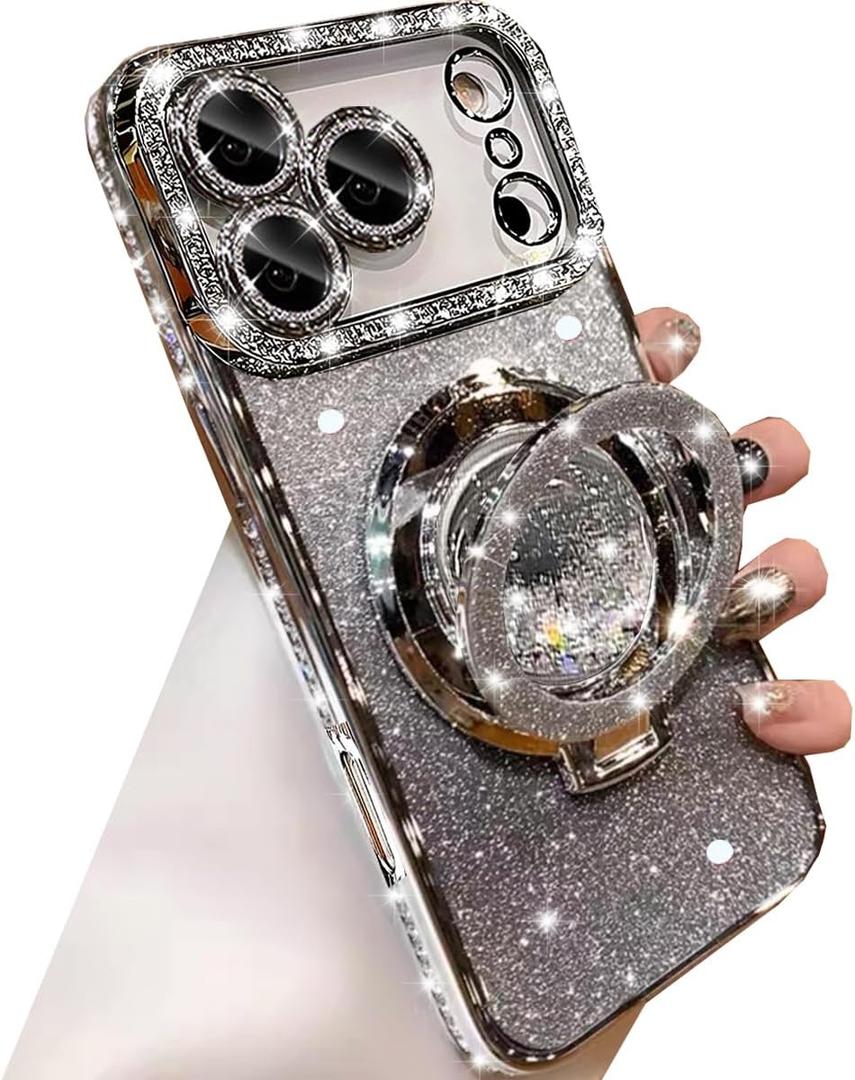 Changjia Glitter Kickstand Case for iPhone 17 Pro,Cute Luxury Bling Sparkly Diamond Rhinestone with Camera Lens Protector Liquid Flowing Ring Stand TPU Bumper Women Girls ,Silver