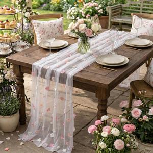Remagr 9.8 ft Pink Flower Table Runner Embroidery Seasonal Table Decorations Tulle Fabric for Home Indoor Decor, Bridal Shower Wedding, Baby Shower Parties, Holiday DIY Craft Kitchen Decor