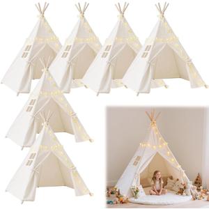 Pack of 6 Teepee Tent for Kids,Collapsible Kids Teepee Tent with 10 Ft String Lights,White Kid Teepee Boys Girls Indoor Outdoor Slumber Party Sleepover Party