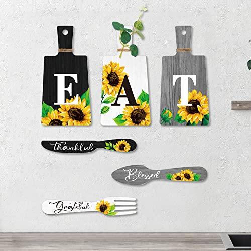 Bucherry Set of 6 Sunflower Kitchen Decor Sets Eat Signs Fork and Spoon Wooden Wall Hanging Plaques Farmhouse Sunflower Kitchen Decor and Accessories