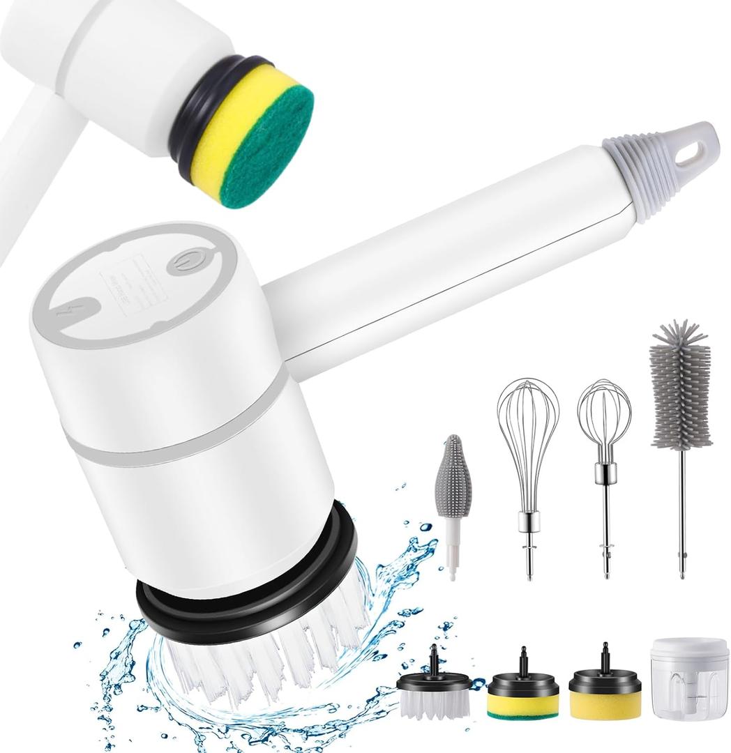 Electric Spin Scrubber,Cordless Power Cleaning Brush,Rechargeable Power Scrubber with 8 Replacement Heads,3 Adjustable Speeds,Kitchen Assistant,Handheld Scrubber for Sink Bowls Plates Bottle,White