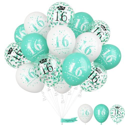 Happy 16th Birthday Balloons Girls, 15pcs Teal White 16th Birthday Decorations Boys, Turquoise White Confetti 16th Bday Party Balloons for Girl Sweet 16 Years Old Age Birthday Party Decor Supplies
