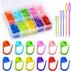 LUNARM 200 Pcs Stitch Markers for Crocheting, 10 Color Crochet Stitch Markers Knitting Locking Clip Pins with 6 Yarn Needles for DIY Craft Sewing