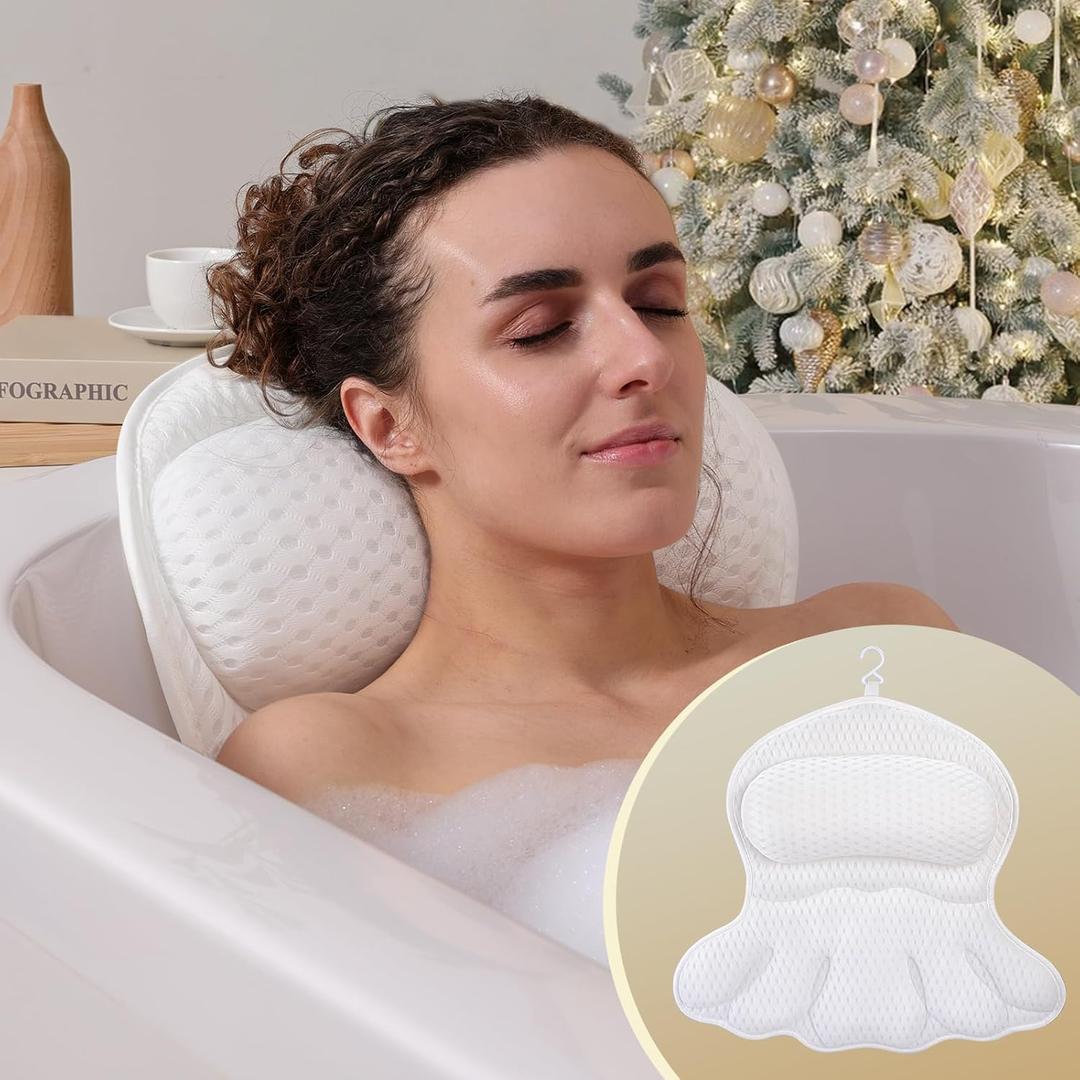 Bath Pillow Luxury Bathtub Pillow, Extra Soft & Comfortable Bath Pillows for Tub Head Neck and Back Support, with 4D Air Mesh Cushions & Non-Slip Suction Cups - Bath Accessories Spa Gifts for Women (White)