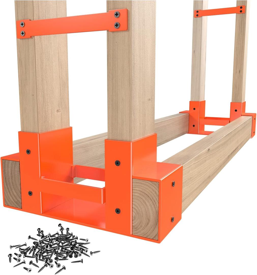 Mr IRONSTONE Firewood Log Storage Rack Bracket Kit, Adjustable Wood Rack Length Based on the Amount of Wood, for Outdoor Indoor Patio Deck Metal Log Holder Outdoor Tools with 34 Accessories Orange