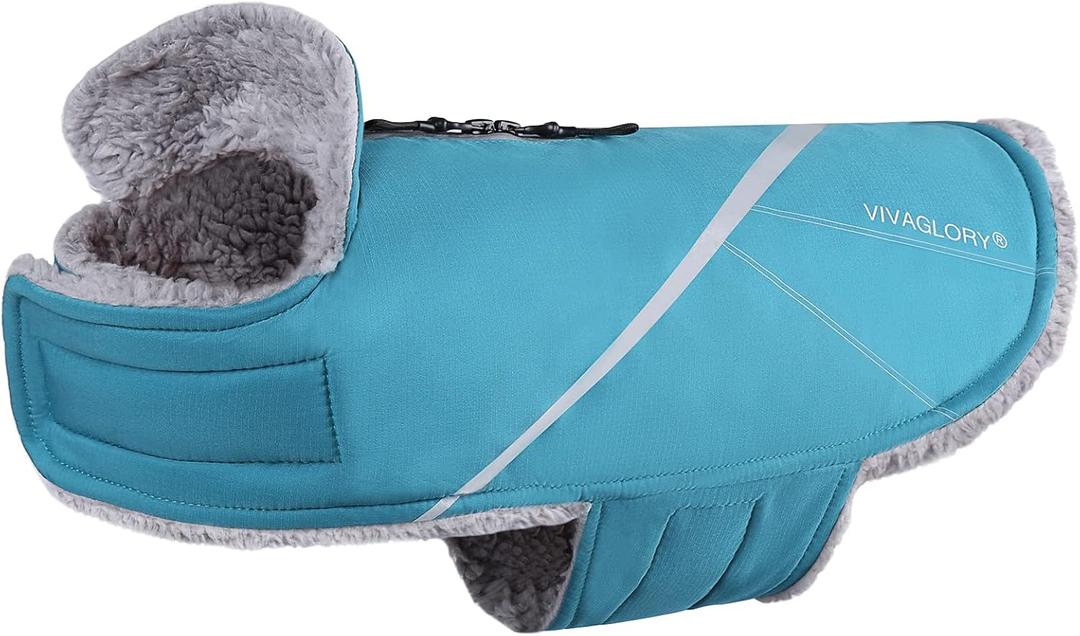VIVAGLORY Snowrap Dog Coat, Jacket with Harness Hole, Dog Coat for Winter & Cold Weather, Fluffy Warm Fleece Lined Reflective Water Resistant for Puppy, S, Turquoise
