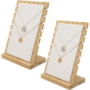 necklace display standMyGift 2-Pack Bamboo Jewelry Display Stands with PU Panel & Multi-Rung Design  Detachable Bases, Non-Scratch Surface jewelry display for vendors, (White)