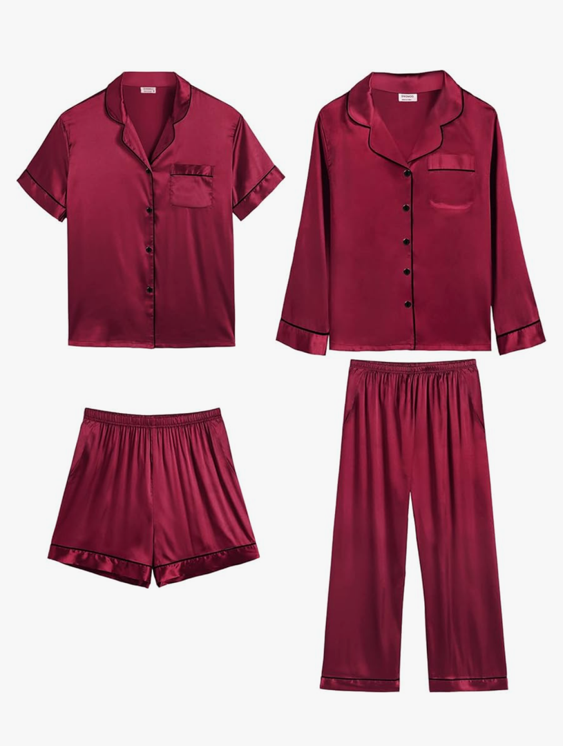 SWOMOG Mens Satin Silk Pajamas Set 3pcs Short Sleeve Sleepwear Silky Button Down Pjs Sets Classic Loungewear Nightwear,L
