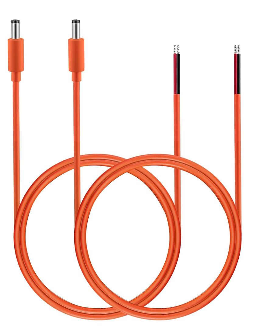 Tonton 16AWG DC5521 Power Pigtails Cable, 1M 3.3FT, Pure Copper, Orange, 5.5MM x 2.1MM Male Plug to Bare Wire, Barrel Connector Pigtail for CCTV Security Camera, DVR, LED Strip Lights - 2 Pack (M)