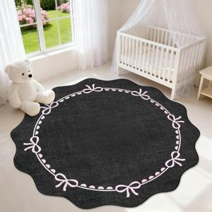 GarveeHome Scalloped Bow Rug for Living Room, 5ft Round Rugs Washable Solid Rug for Dorm Soft Low Pile Non Slip Scalloped Rugs for Nursery Bedroom Decor Hallway Kids Room Playroom, Black Pink