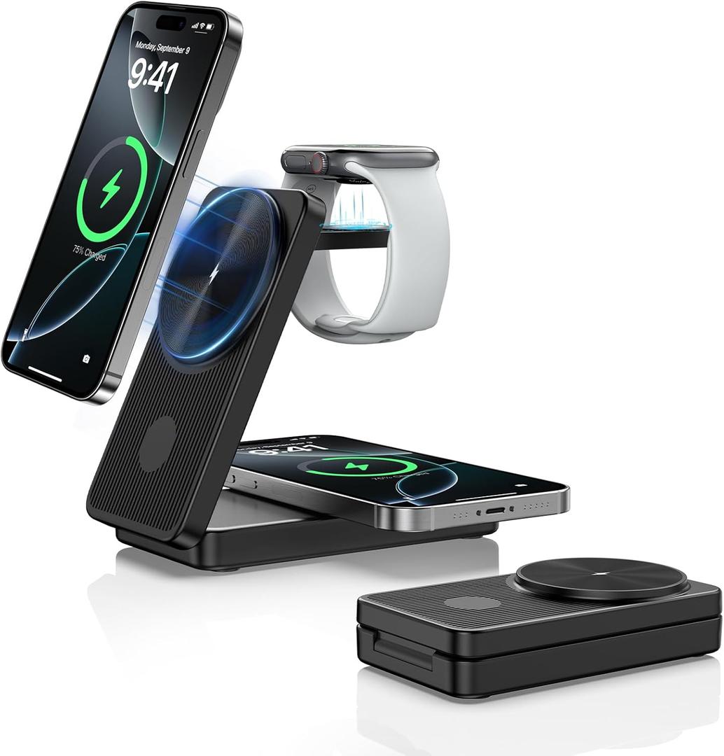 Wireless Charger for Apple Charging Station, Dual MagSafe Charger for iPhone 16 Pro Max/14/13/12/AirPods, 3 in 1 Foldable iPhone Charging Station, Watch Charger for Apple iWatch Series (for Travel)