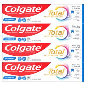 Colgate Total Whitening Toothpaste Paste, 5.1 oz, 4 Pack, Fluoride, Antibacterial, for Plaque, Gingivitis, Sensitivity, Stain Removal, Clinically Proven, Mint, Teeth Whitening, Stannous Fluoride, BB March 2027