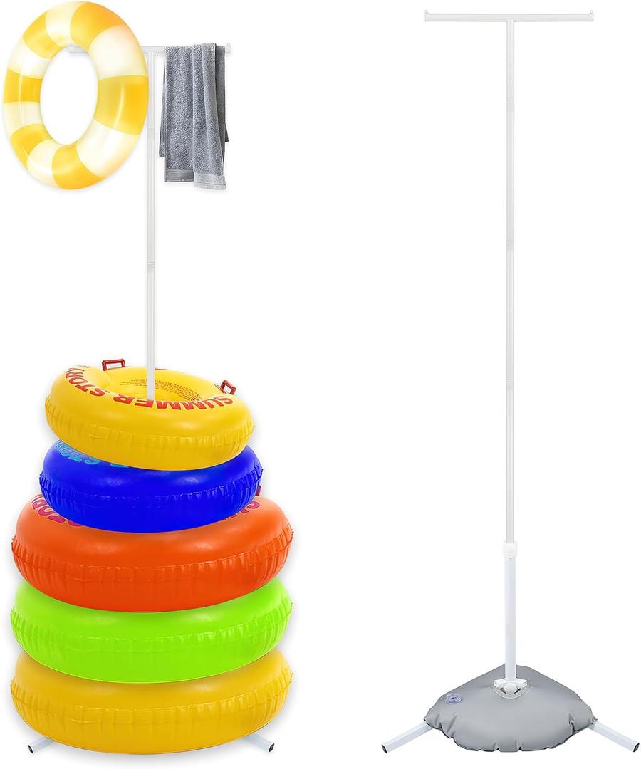 Pool Float Storage Rack Metal Pool Float Holder with Water Weight Bag Pool Equipment Holder Pool Float Storage Organizer for Swimming Pool Beach Towels Swimming Rings (White)