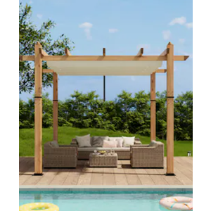 Garvee 10x10 Retractable Pergola Aluminum Outdoor Pergola with Faux Wood Finish Retractable Canopy for Patio or Deck or Garden or Beach or Pavilion Wood and Beige