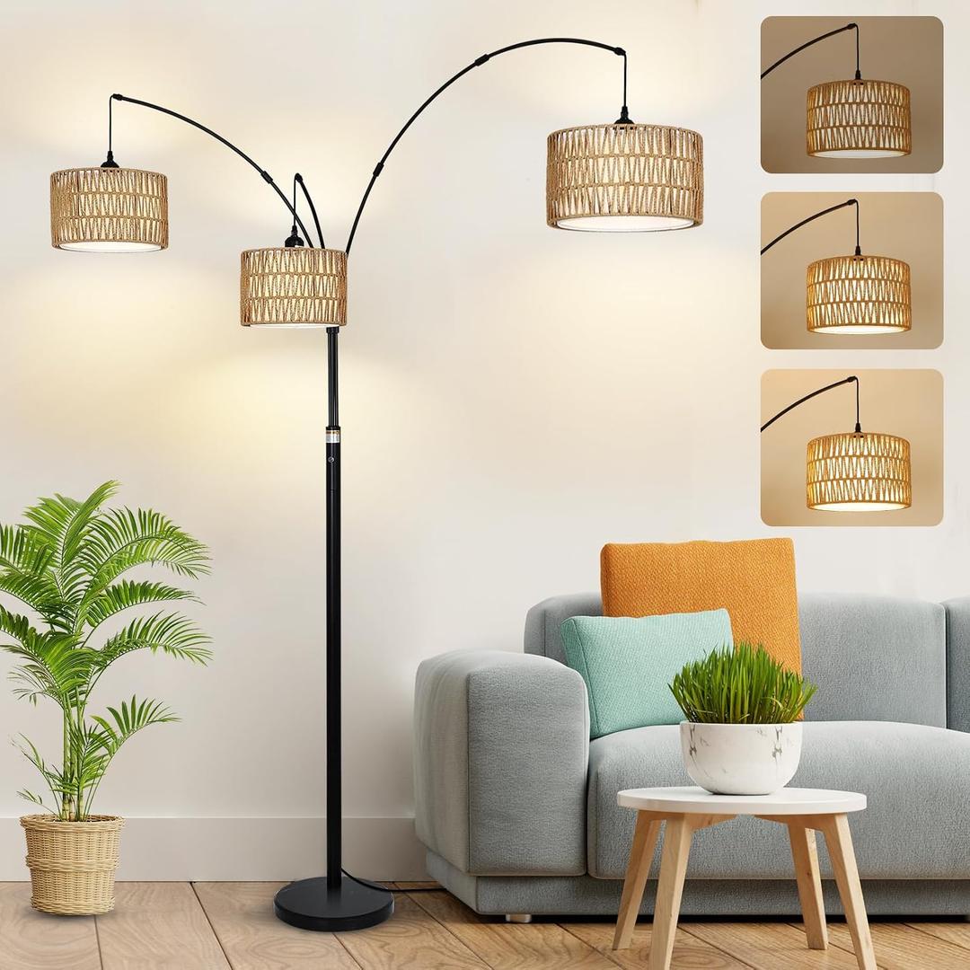 Airposta Black Arc Floor Lamps for Living Room, Farmhouse Boho Floor Lamp for Bedroom, Industrial Standing Lamp for Office, Dimmable Tall Lamp with Rattan Lampshades, Reading Arched Light