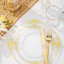 Nervure 100PCS Clear and Gold Plastic Plates - 10.25Inch Gold Disposable Plates - Heavyweight Dinner Plate for Wedding & Party