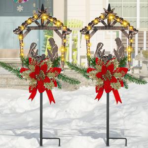 2 Pcs Nativity Scene Outdoor Yard Stakes Metal Christmas Light Decorations LED Christmas Decorations Nativity Scene Outdoor Solar Outdoor Lighted Nativity Scene for Pathway Garden Lawn (Classic)