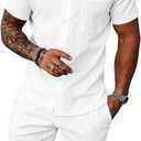 UOUA 2 Piece Short Sets for Men Summer Beach Outfits Stripe Texture Button Down Shirts & Shorts Casual Vacation Set (White, M)