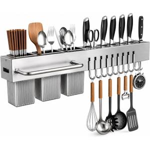 Kitchen Utensil Rack Wall Mount 24 Inch, Kitchen Utensil Hanger & Utensil Rail with 10 Hooks, 3 Storage Cups and Knife Holder, Kitchen Utensil Hanging Rack, No Drill Adhesive or Screw Installation