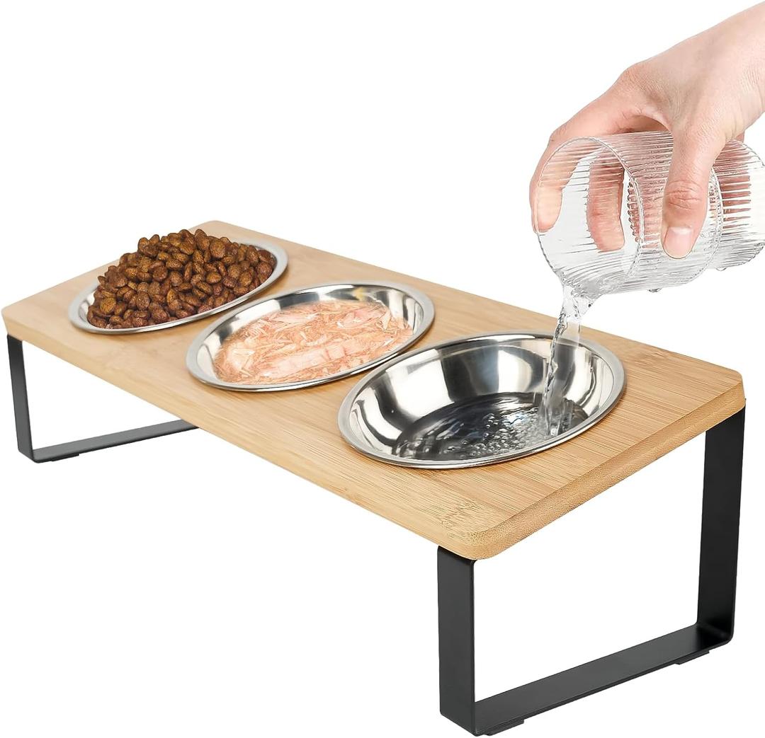 Elevated Cat Bowl, 15 Tilted Cat Bowl Stand with 3 Stainless Steel Bowls for Indoor Cats and Pet, Raised Cats Bowls for Food and Water (M)