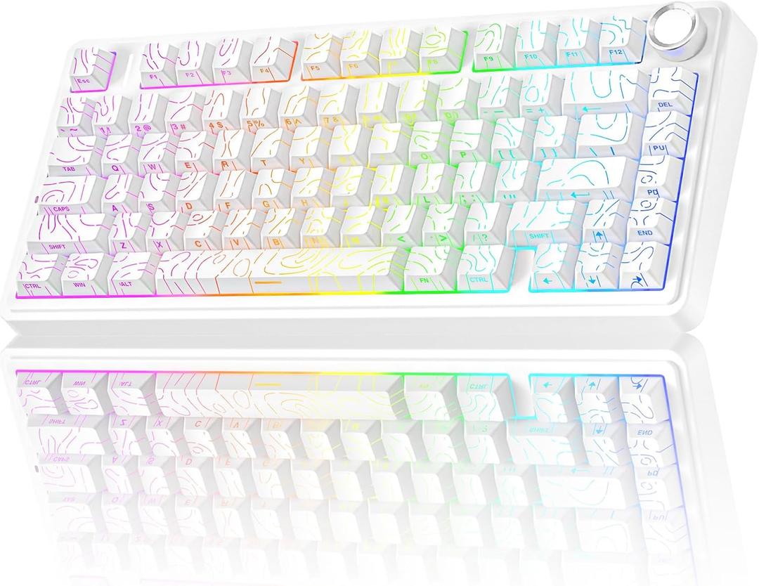 AULA F75 Pro Wireless Mechanical Keyboard with Knob,75% Hot Swappable Custom Gaming Keyboards,RGB Backlit,Pre-lubed Switches,Side Printed PBT Keycaps Creamy Sounding Computer Keyboard, Line White