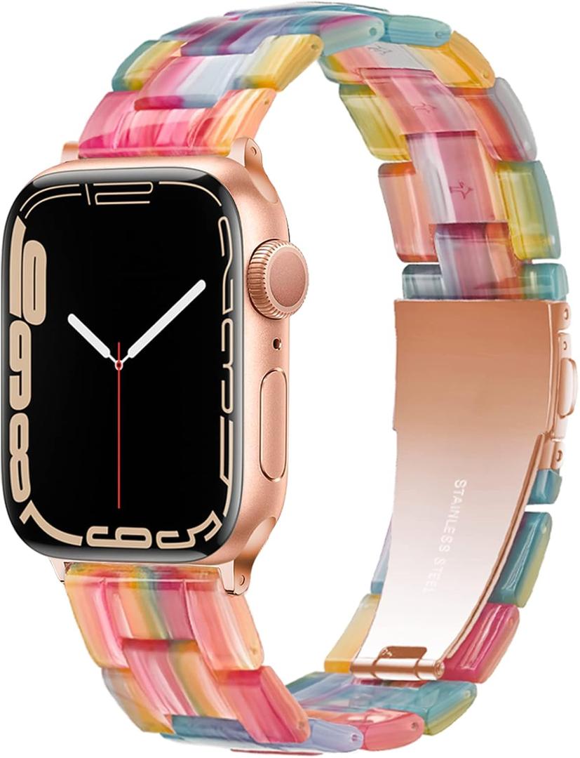 Light Apple Watch Band-Fashion Resin iWatch Bands for Women Men Bracelet Compatible with Stainless Steel Buckle for Apple Watch Series 10 Series SE Series 9 Series 8 Series 7 6 5 4 3 2 1 Ultra 2 1, 38mm/40mm/41mm/42mm(Series 10), 49mm/46mm/45mm/44mm/42mm(Series 3 2 1) (Colorful Rainbow)