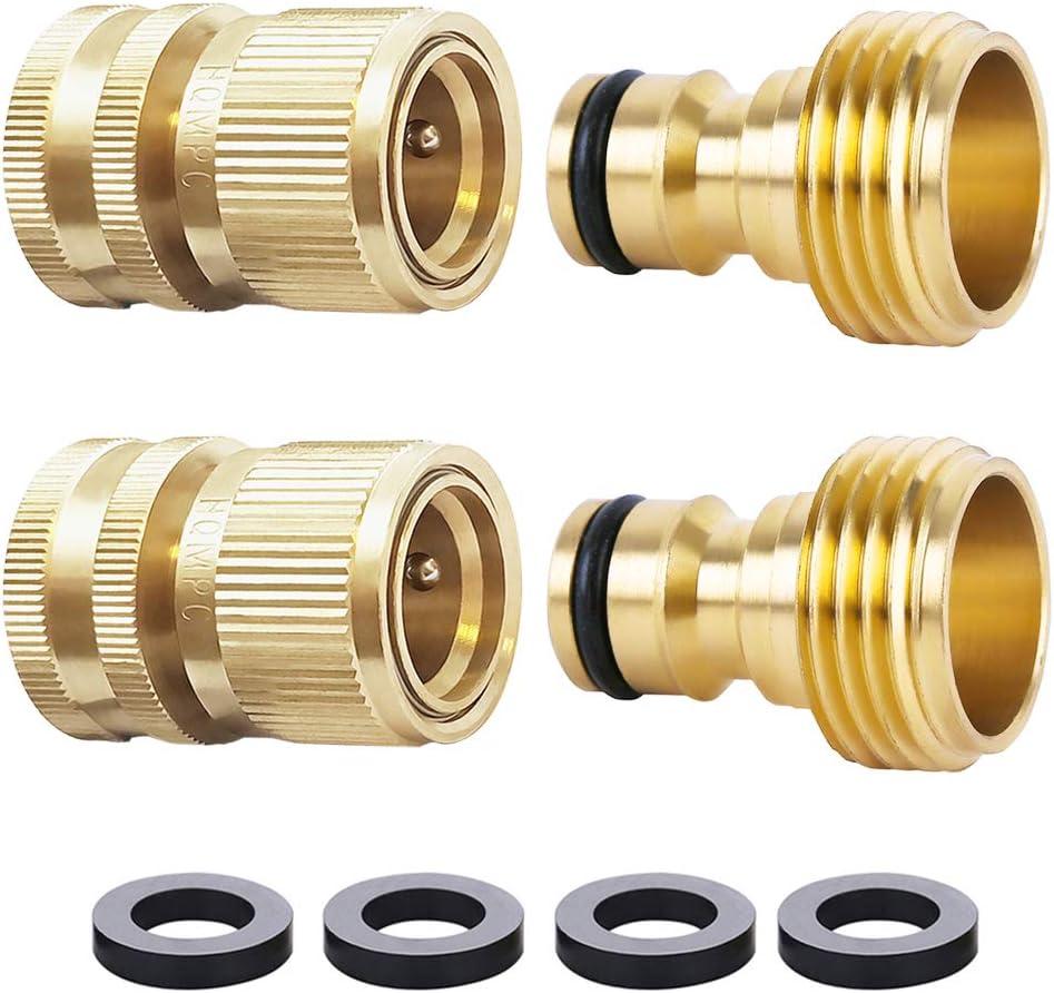 HQMPC Garden Hose Quick Connect Solid Brass Quick Connector Garden Hose Fitting Water Hose Connectors Garden Hose Disconnect 3/4 inch GHT (2Sets) (2Female+2Male) 