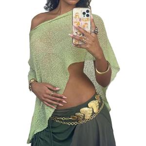 Women Sheer Poncho Top See Through Knit Shrug Mesh Blouse Off The Shoulder Pullover Summer Beach Cover Up Tops (One Size, Green)