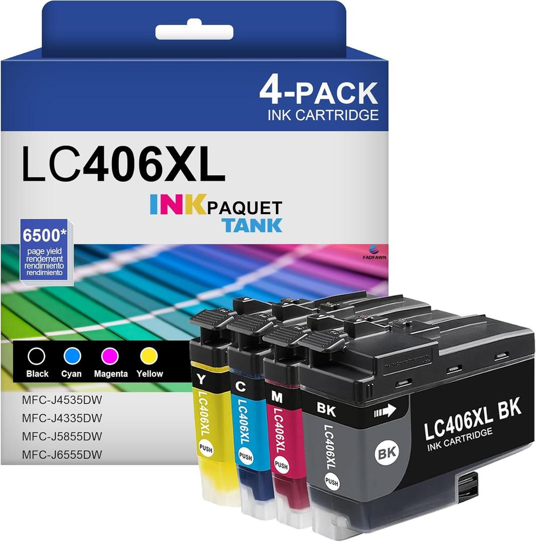 LC406XL High Yield Ink Cartridges Replacement for Brother LC406XL Ink Cartridges use with MFC-J4535DW MFC-J4335DW MFC-J5855DW MFC-J6555DW Printer (BK/C/M/Y, 4 Pack)