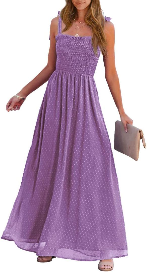 PRETTYGARDEN Women's Casual Summer Boho Maxi Dresses Spaghetti Straps Square Neck Solid Smocked Swing Long Beach Dress(Solid Purple, Small)
