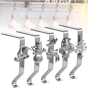 OMISTAR 5 Pcs Christmas Stocking Holders for Fireplace Mantel, Silver Stocking Hangers with Deer, Snowman, Tree, Sleigh, Santa Design, Heavy Duty Metal Stocking Hooks, 6.3 x 3.9 in