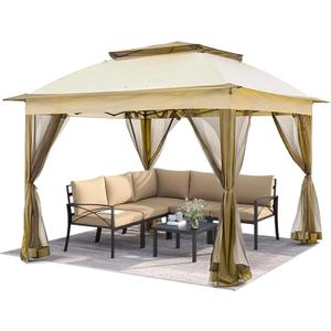 10x10 Pop Up Gazebo Tent, 2-Tier Vented Roof Outdoor Canopy,Beige | 2-Tier Vented Roof, Removable Mesh Netting, Weatherproof Outdoor Shelter, Quick Instant Setup, for Garden Lawn Backyard