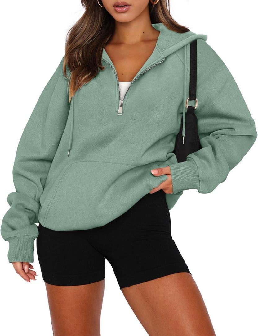onlypuff Women Half Zipper Pullover Sweatshirt Long Sleeve Hoodies Kangaroo Pocket Fleece Basic Sweater (Green, L)