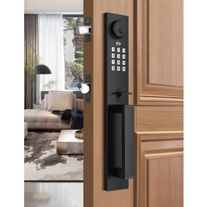 Keyless Entry Door Lock with Lever, Full Escutcheon Smart Door Handle, Digital Keypad Deadbolt with App, Front Door Handleset with Single Cylinder Deadbolt and Lever, Auto Locking, Black Finish
