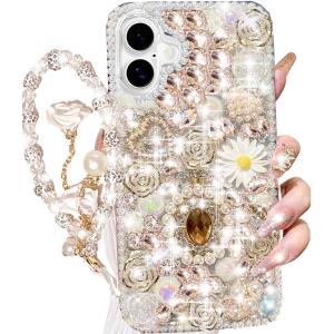 for iPhone 16 Plus Glitter Bling Case,Cute Luxury 3D Sparkle Queen Crystal Rhinestones Flowers Diamond Pearl Gems with Lanyard Wrist Strap Women Girls Phone Case for iPhone 16 Plus 6.7",White