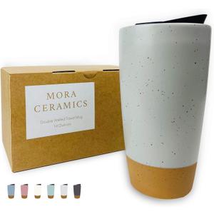 Mora Double Wall Ceramic Coffee Travel Mug with Lid, 14 oz, Portable, Microwave, Dishwasher Safe, Insulated Reusable Tall Cup, Splash Resistant Lid - To Go Tumbler for Car Cup Holder, Overcast Grey