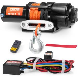 VEVOR 4500 lb Synthetic Rope, 12V DC ATV UTV Winch 1/4 in x 39 ft Aluminum Fairlead Wired Remote Control, IP55 Waterproof for Towing Boat Off Road Recovery, Black