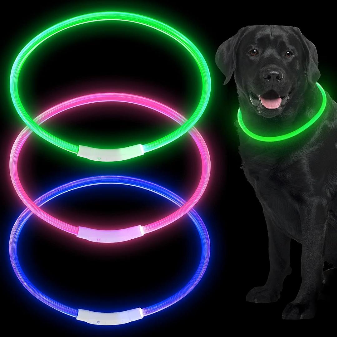 Weewooday 3 Pcs Dog Collar USB Rechargeable LED Light up Dog Collar Flash Waterproof Pet Necklace Pet Lights for Night Walking Adjustable Safety Necklace for Large Medium Small Puppy(3 Natural Colors)