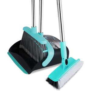Broom with Dustpan Combo Set, Floor Scrub Brush,Self-Cleaning with Dustpan Teeth,for Indoor Outdoor,Smooth Floors,Bathroom Kitchen (Black)
