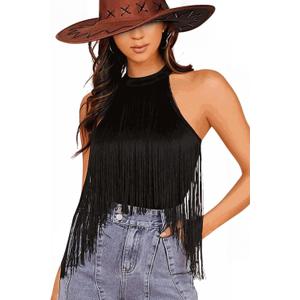 Ella Lust Women Western Fringe Bodysuit - Cowgirl Country Concert Outfit Boho Tassel Hem High Cut Skinny Festival Tank Top (X-Small, Black)