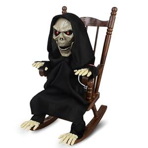HugOutdoor Animated Halloween Decorations, Rocking Chair Skeleton Death Halloween Animatronics, Screaming Sound Glowing Red Eyes, Sound Activated, Scary Halloween Decor Outdoor Indoor 