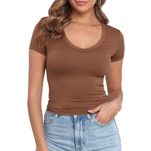 PALINDA V Neck Slim Fitted Shirts for Women Basic Casual Short Sleeve T Shirts Going Out Tops Sexy Y2K Tees (White, XL)