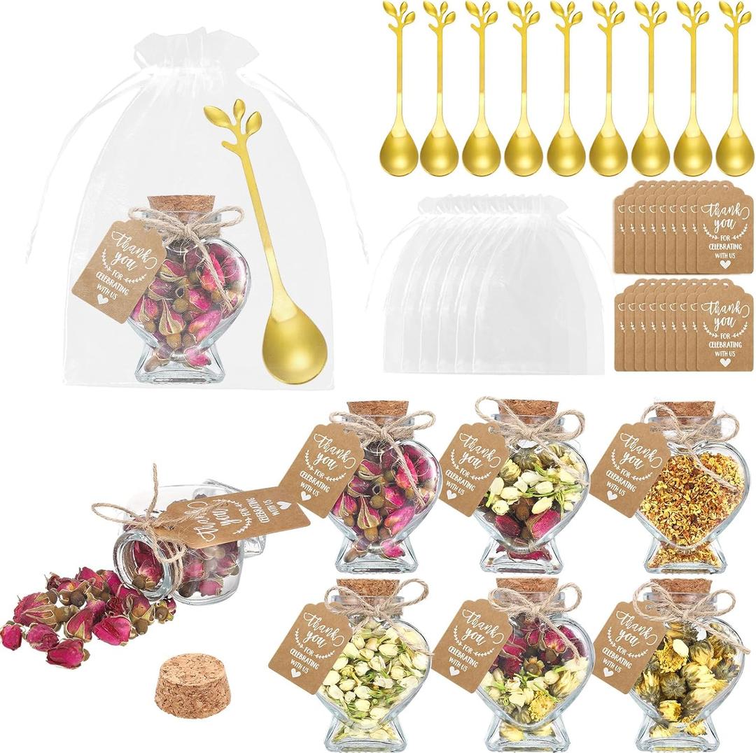 Hoolerry 24 Set Tea Party Favors Bulk Rustic Wedding Favor for Guest with 2. 9'' Glass Tea Jar Stainless Steel Teaspoon Gift Tag Drawstring Organza Bag and Rope, Thank You Gift for Wedding Party