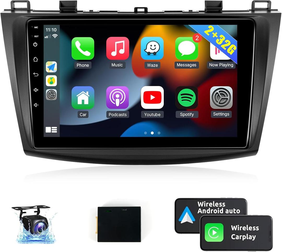 Naifay Car Radio for Mazda 3 2009-2013 with Wireless CarPlay Android Auto, 2+32G 9inch IPS Touchscreen Car Stereo for Mazda with Bluetooth/FM Audio Receivers/GPS/WiFi/SWC/Split Screen/Backup Camera