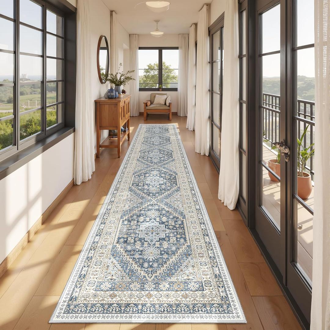 Hallway Runner Rug 2x12, Extra Long Washable Runner Rugs with Rubber Backing, Non Slip Runner, Vintage Rug Runners for Kitchen Laundry Room Entryway (Blue/Beige,2'x12')