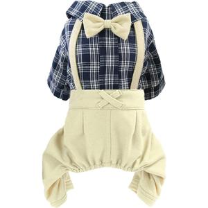 Pet Clothes Dog Shirts Classic Plaid Striped Overall Jumpsuit, Gentle Puppy Wedding Birthday Western Onesies Apparel, Fashion Daily Outfit with Bowtie for Dogs and Cats (Medium, Khaki)