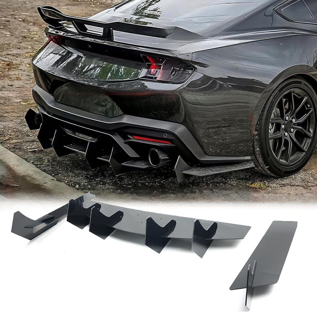 Rear Bumper Diffuser for Ford Mustang 2015-2023 V2 Style Glossy Black ABS Rear Spoiler Lip Only Fit with Dual Exhaust Version Drilling is Required (for Dual Exhaust Version)