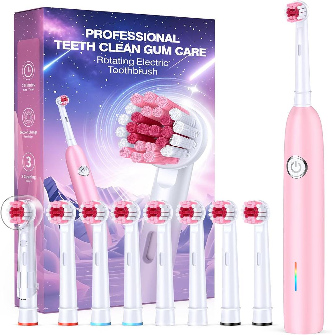 Rotating Electric Toothbrush with 8 Brush Heads for Adults and Kids, 3 Modes Rechargeable Power Toothbrush with 2-Minute Smart Timer, 45-Day Battery Life (Pink)