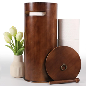 Toilet Paper Stand with 3-Roll Tissue Holder for Boho Bathroom, FreeStanding Bamboo Toilet Paper Holder,Wood Toilet Paper Storage with Lid